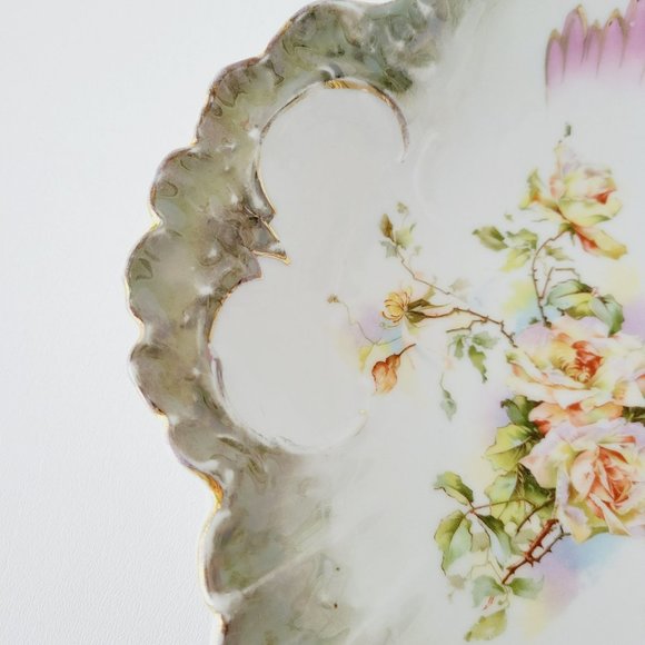 Vintage Victorian Dual Serving Centerpiece Bowl Yellow Rose Green Edge Gold Trim - Picture 13 of 16